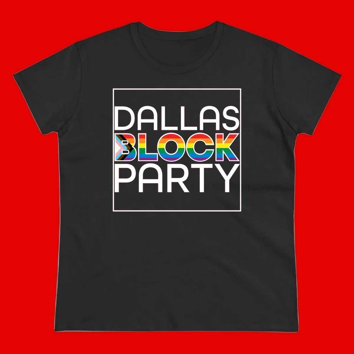 Dallas Block Party Pride design with rainbow and progress pride flag colors integrated into bold white typography on gray background