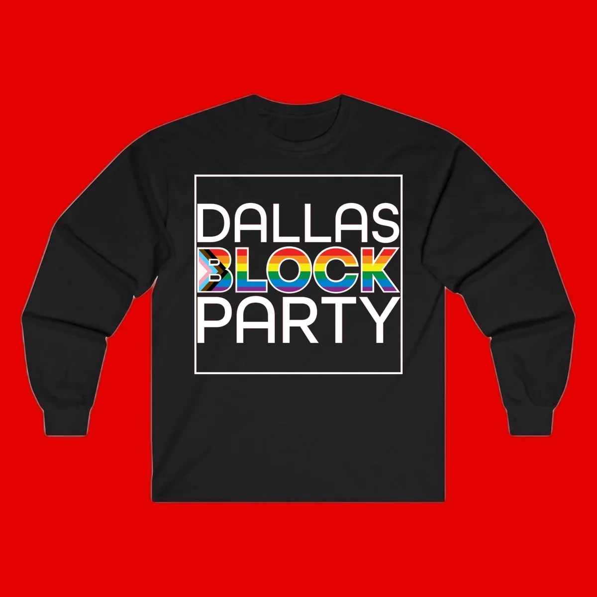 Dallas Block Party Pride design with rainbow and progress pride flag colors integrated into bold white typography on gray background