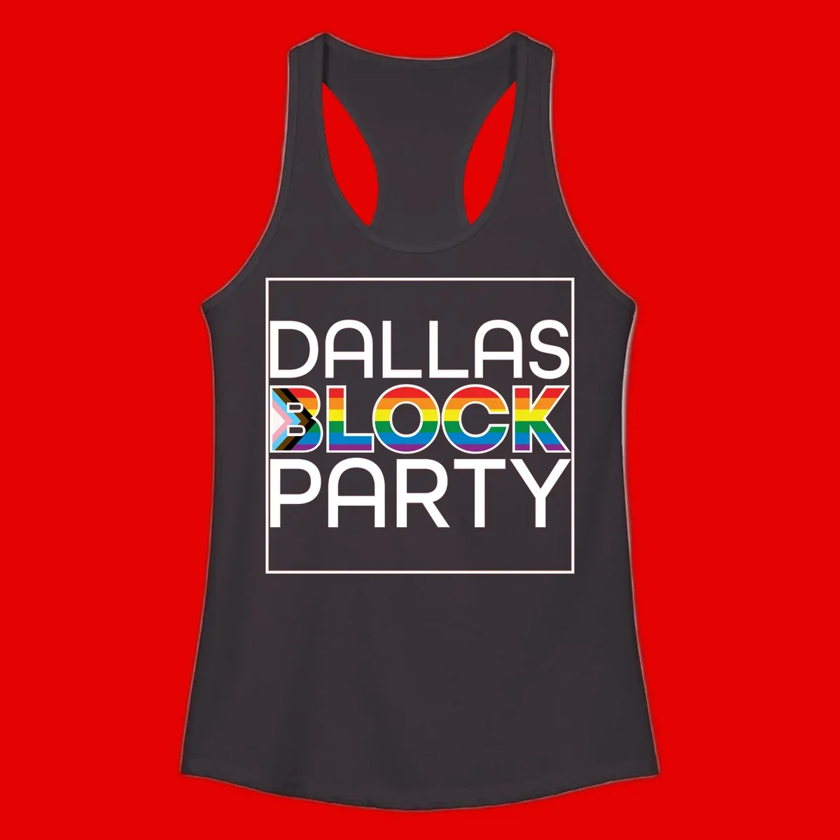 Dallas Block Party Pride design with rainbow and progress pride flag colors integrated into bold white typography on gray background