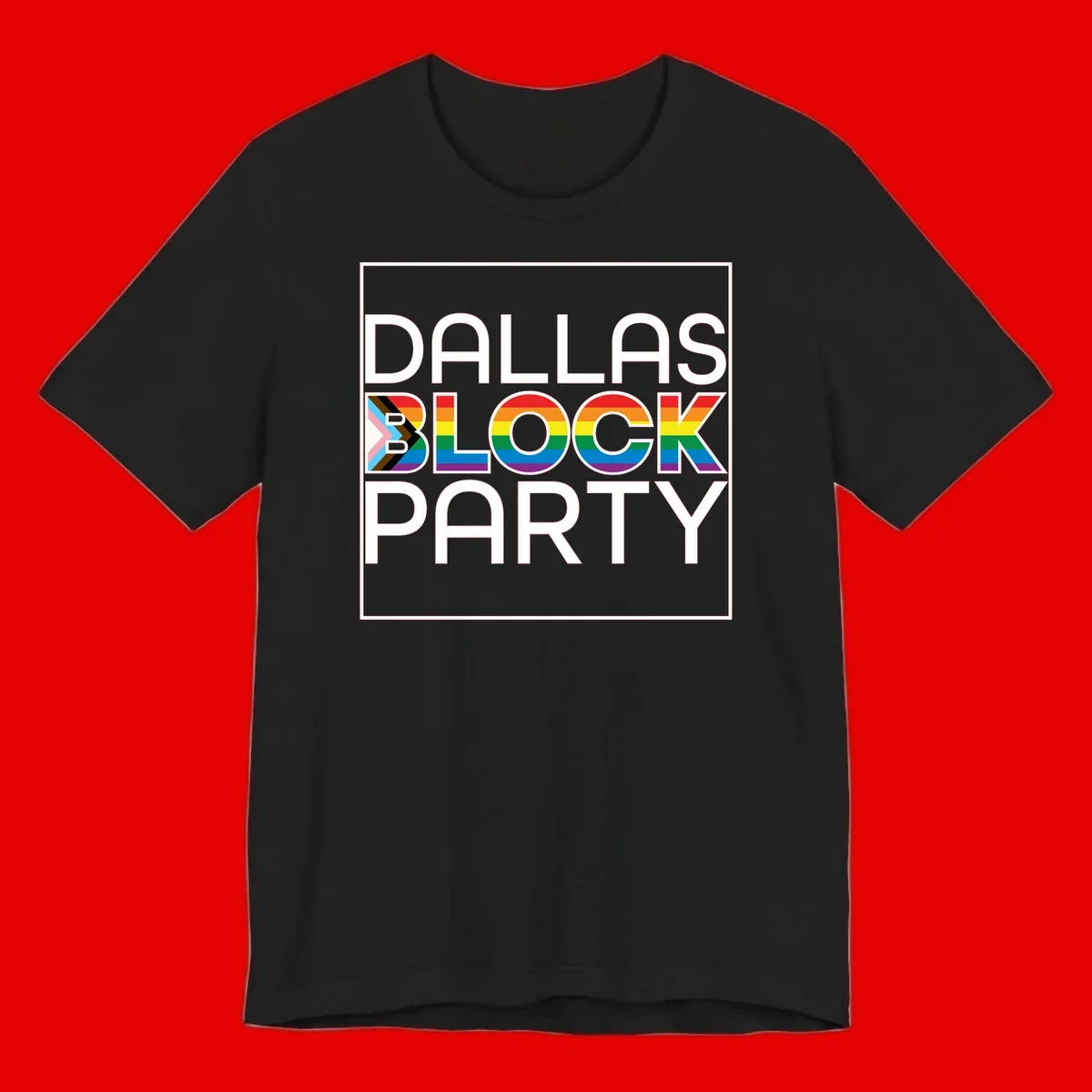Dallas Block Party Pride design with rainbow and progress pride flag colors integrated into bold white typography on gray background