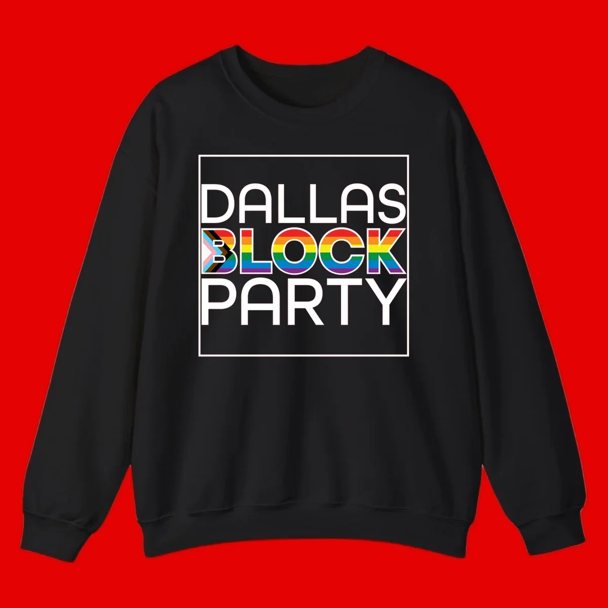 Dallas Block Party Pride design with rainbow and progress pride flag colors integrated into bold white typography on gray background
