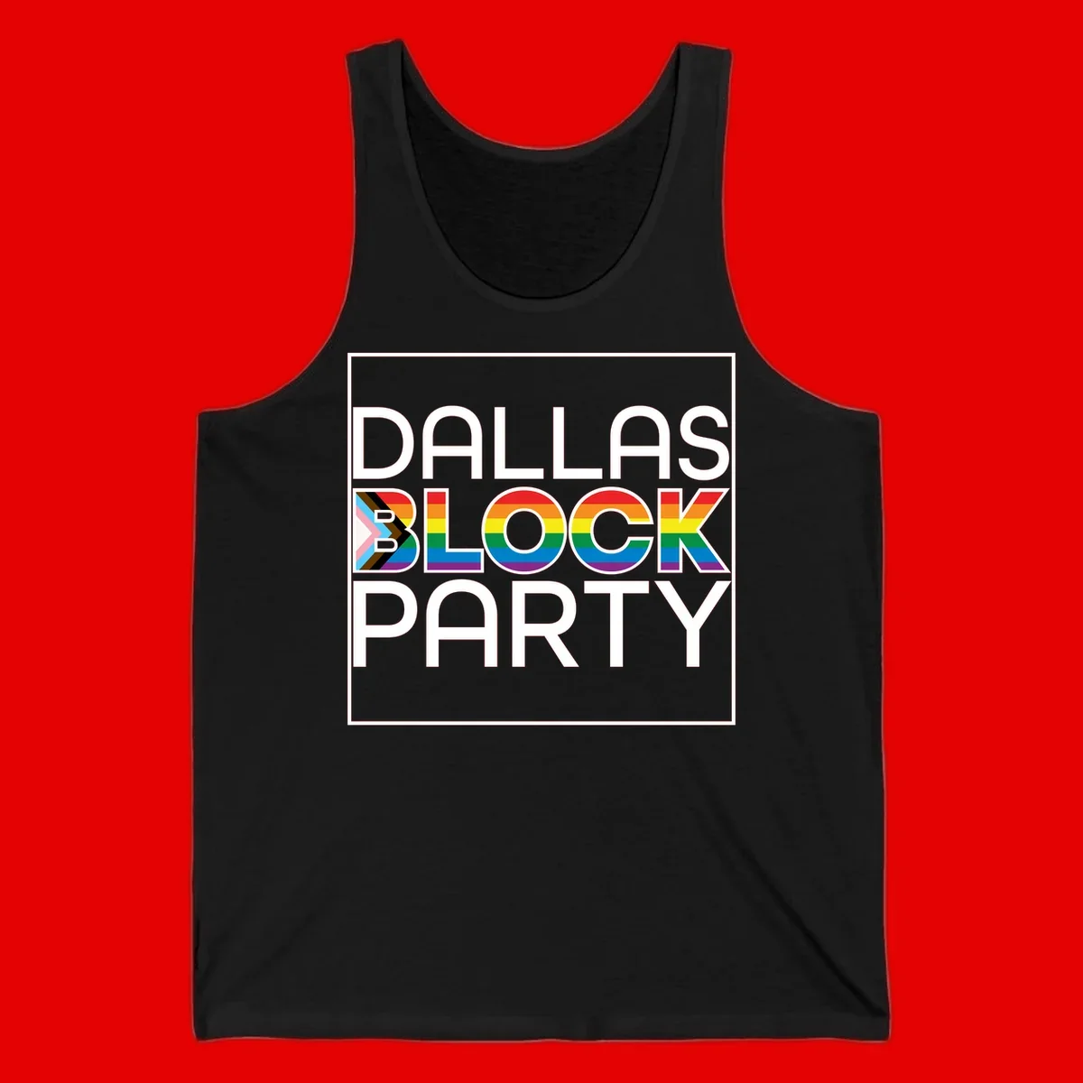 Dallas Block Party Pride design with rainbow and progress pride flag colors integrated into bold white typography on gray background