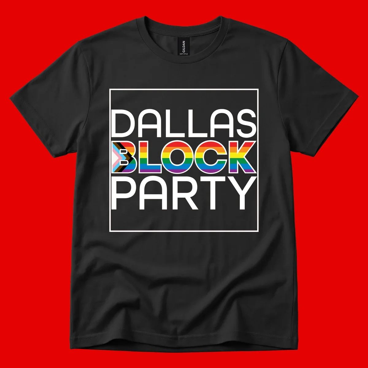 Dallas Block Party Pride design with rainbow and progress pride flag colors integrated into bold white typography on gray background