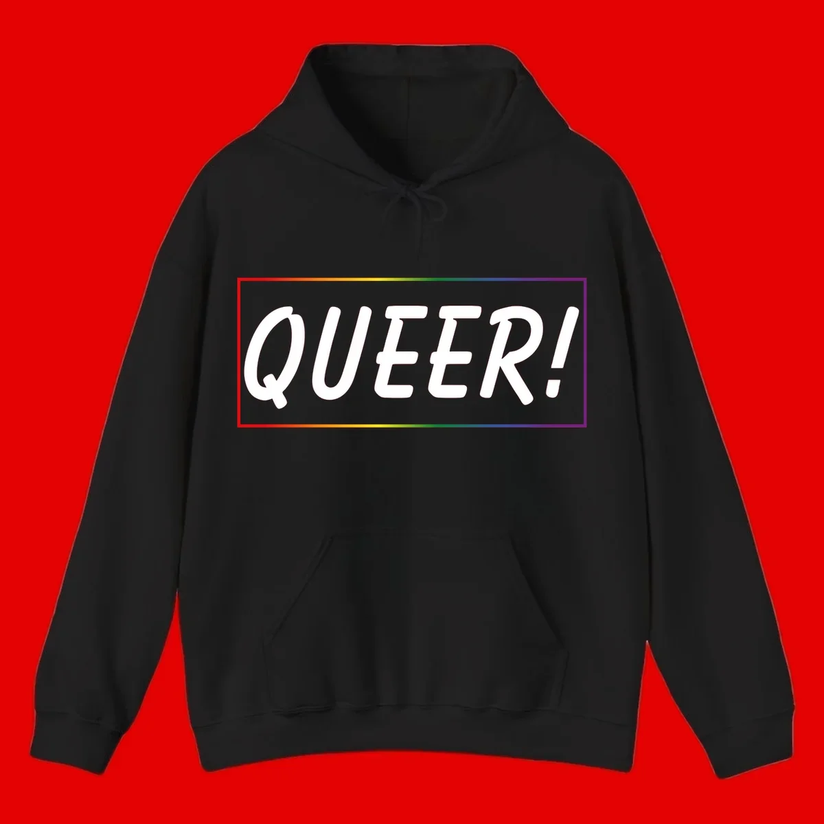 White bold text reading 'QUEER!' on gray background with rainbow gradient border representing pride colors