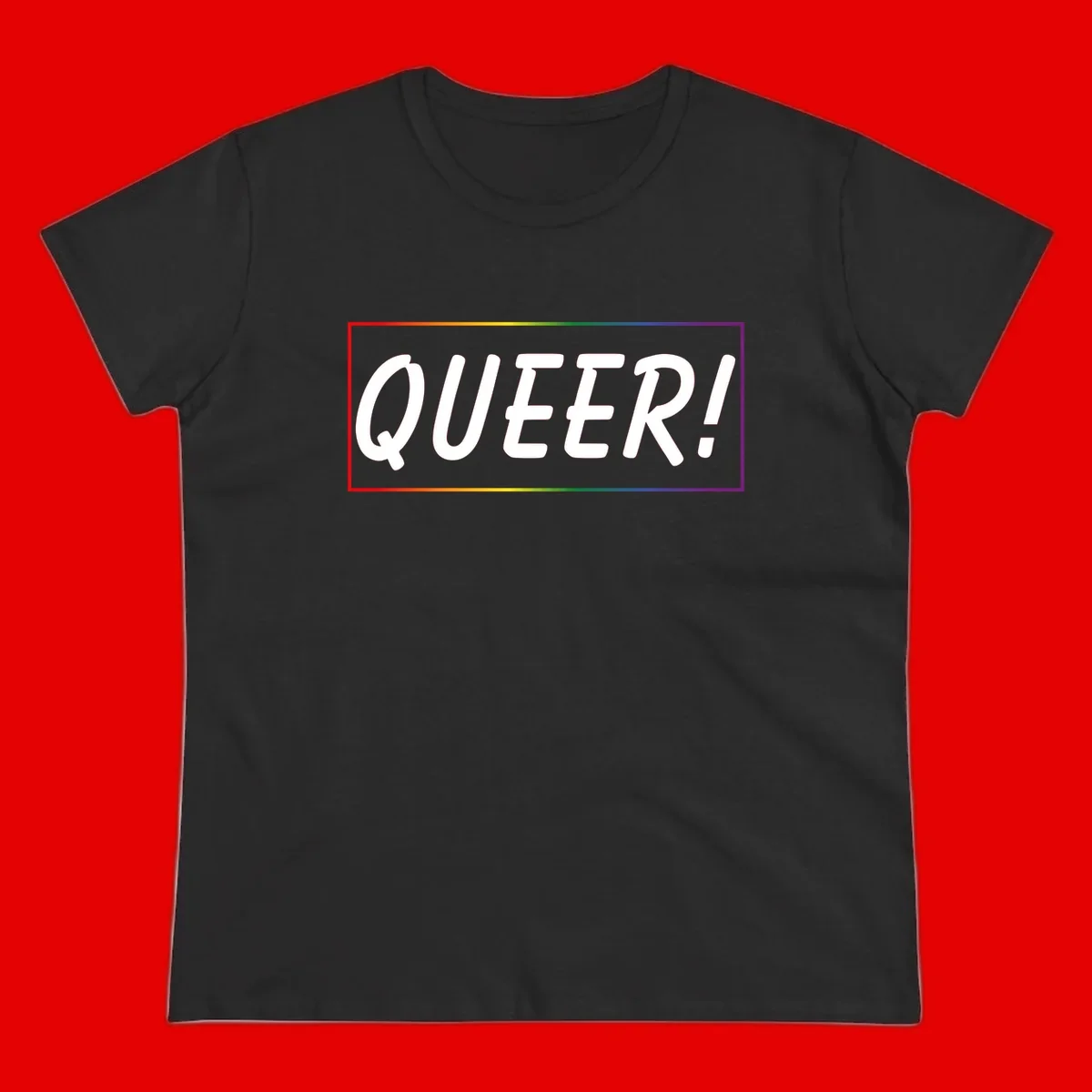 White bold text reading 'QUEER!' on gray background with rainbow gradient border representing pride colors