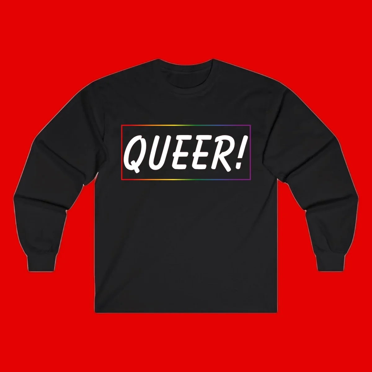 White bold text reading 'QUEER!' on gray background with rainbow gradient border representing pride colors