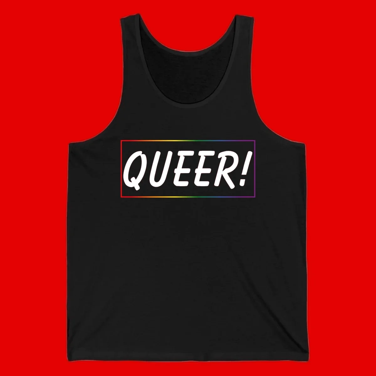 White bold text reading 'QUEER!' on gray background with rainbow gradient border representing pride colors