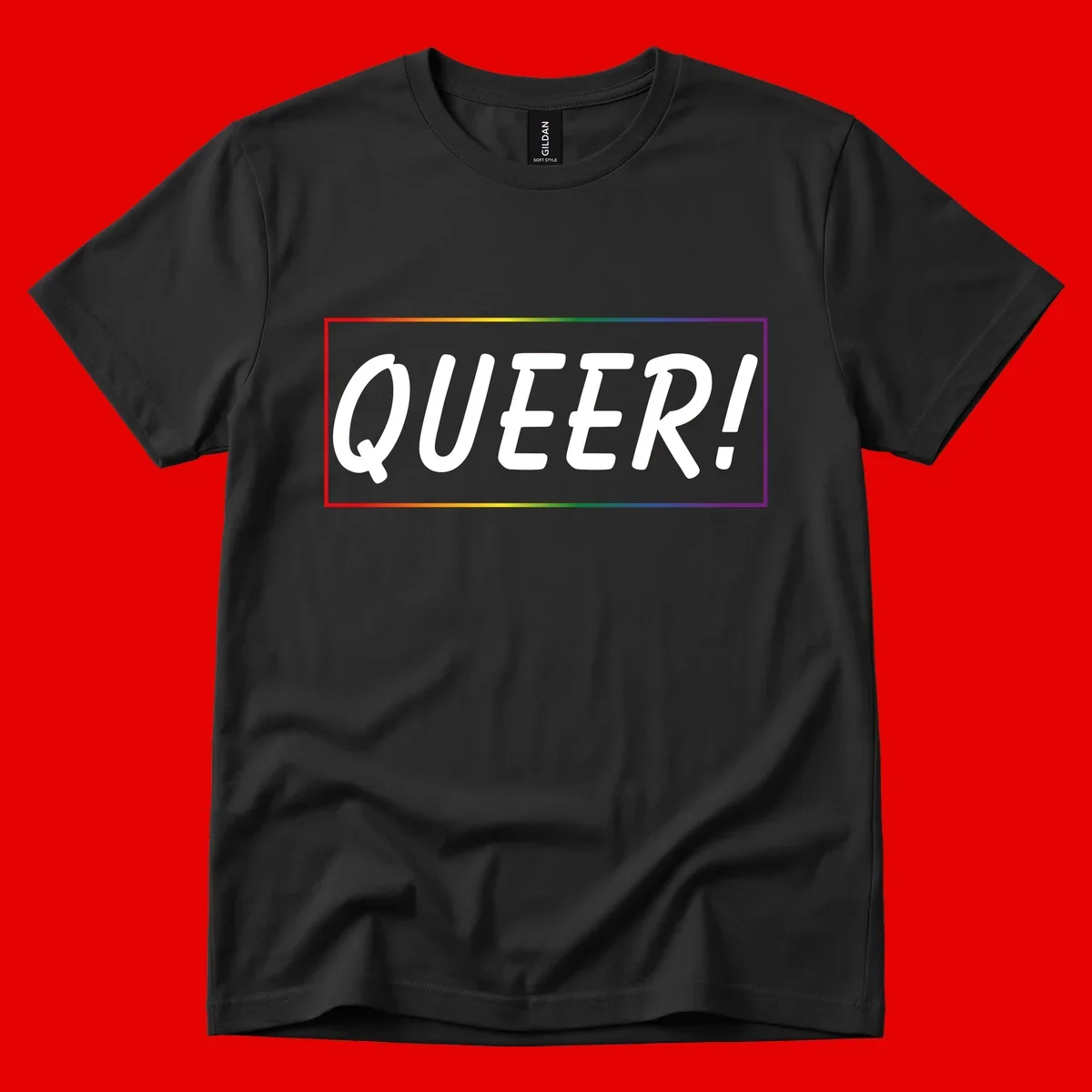 White bold text reading 'QUEER!' on gray background with rainbow gradient border representing pride colors