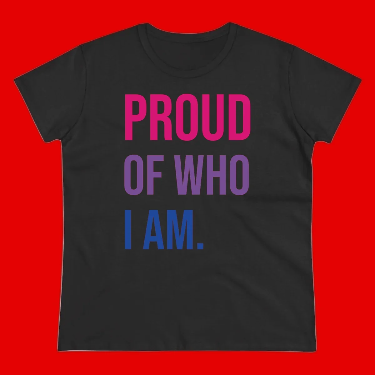 Bold colorful typography design reading 'PROUD OF WHO I AM' in magenta, purple, and blue letters on gray background