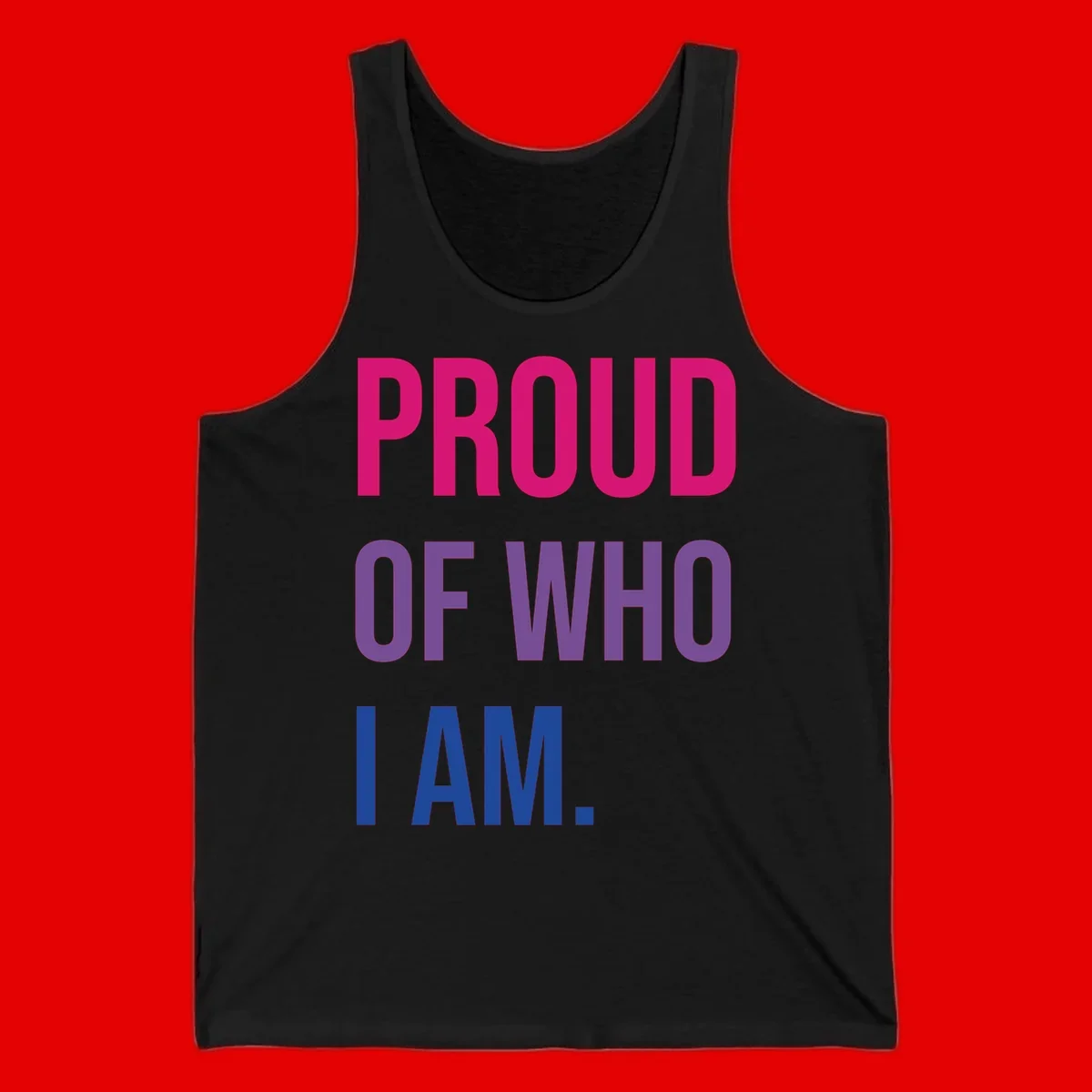 Bold colorful typography design reading 'PROUD OF WHO I AM' in magenta, purple, and blue letters on gray background