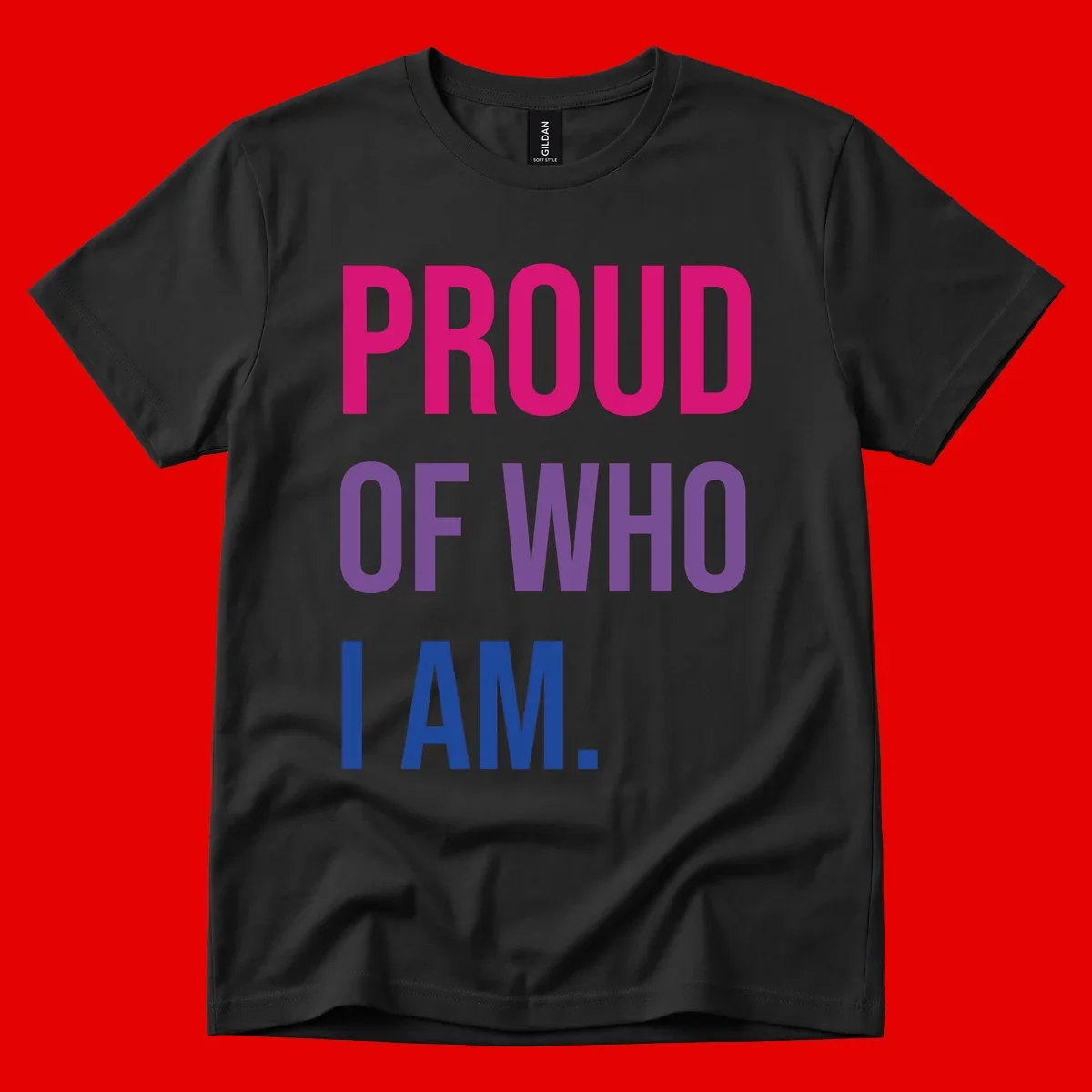 Bold colorful typography design reading 'PROUD OF WHO I AM' in magenta, purple, and blue letters on gray background