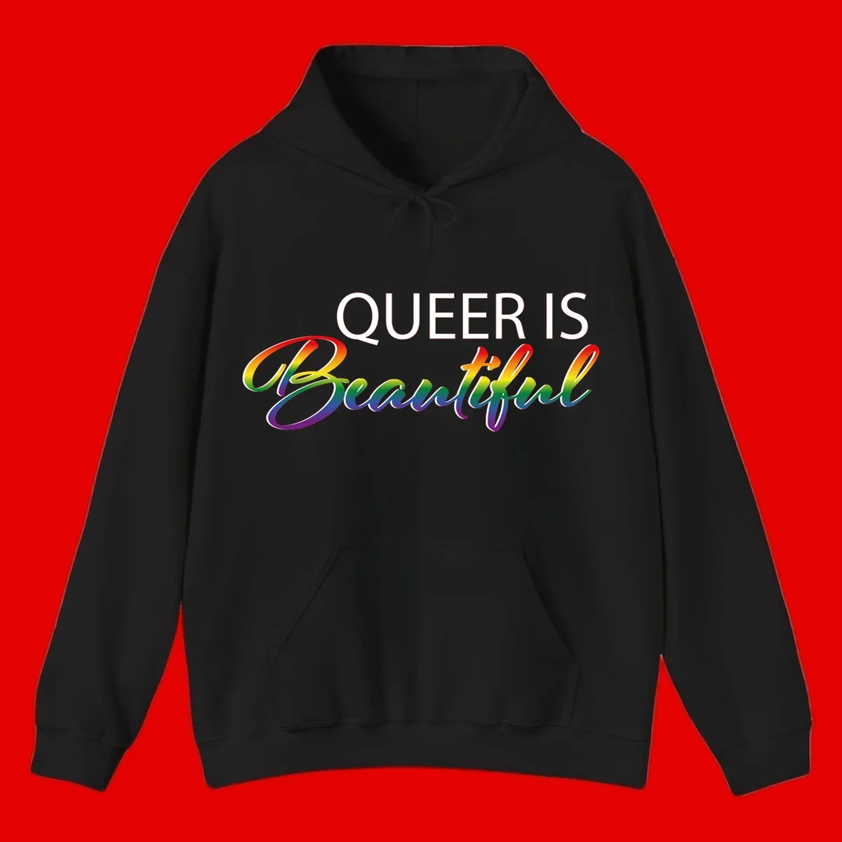 Rainbow gradient text reading 'Queer Is Beautiful' in pride flag colors on gray background