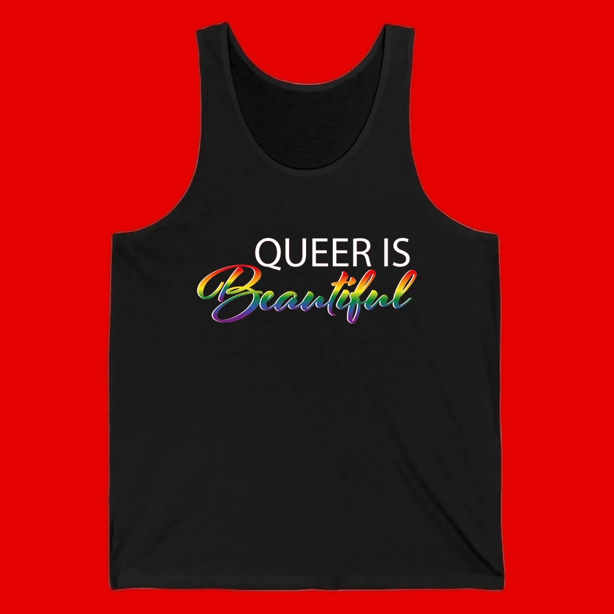 Rainbow gradient text reading 'Queer Is Beautiful' in pride flag colors on gray background