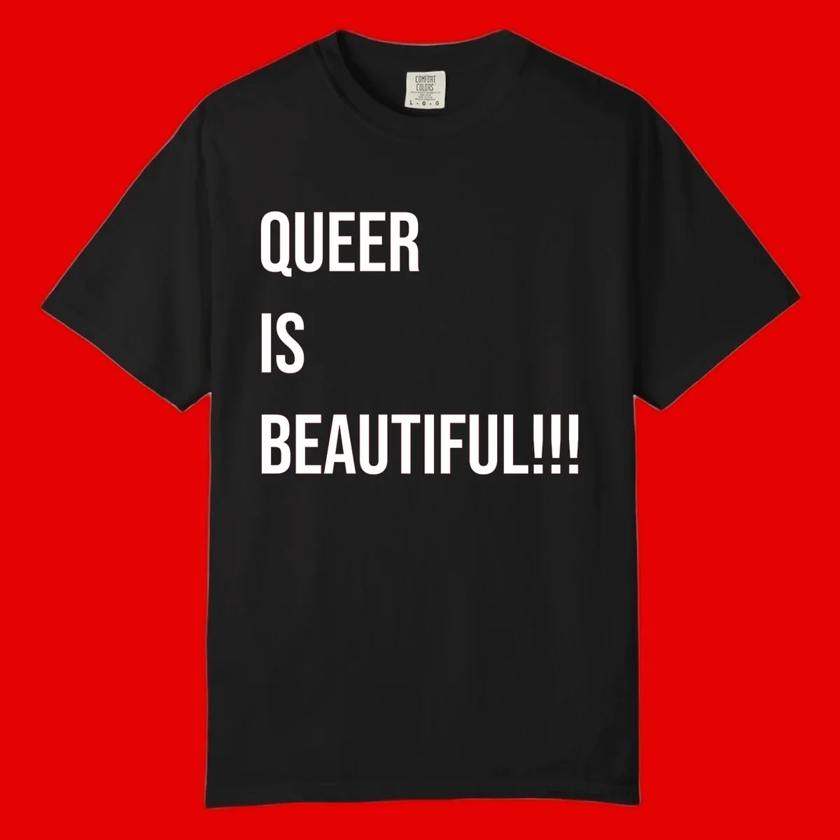 Bold white typography reading 'QUEER IS BEAUTIFUL!!!' on gray background, pride affirmation design
