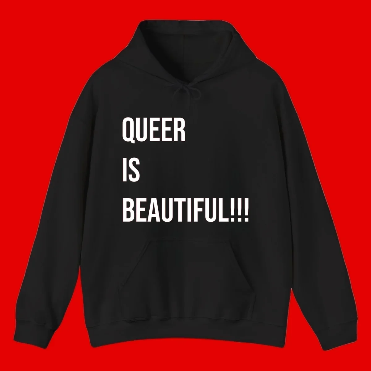 Bold white typography reading 'QUEER IS BEAUTIFUL!!!' on gray background, pride affirmation design