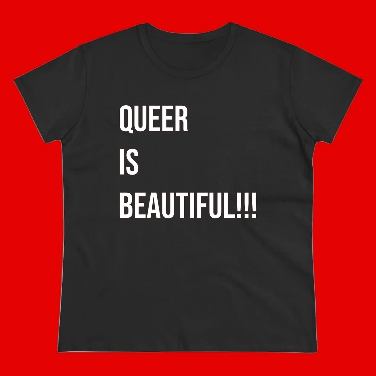 Bold white typography reading 'QUEER IS BEAUTIFUL!!!' on gray background, pride affirmation design