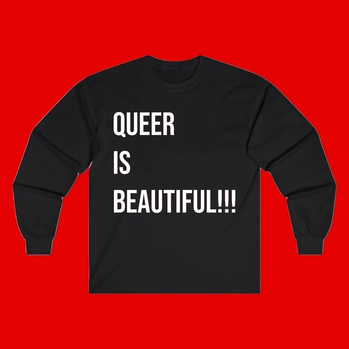 Bold white typography reading 'QUEER IS BEAUTIFUL!!!' on gray background, pride affirmation design