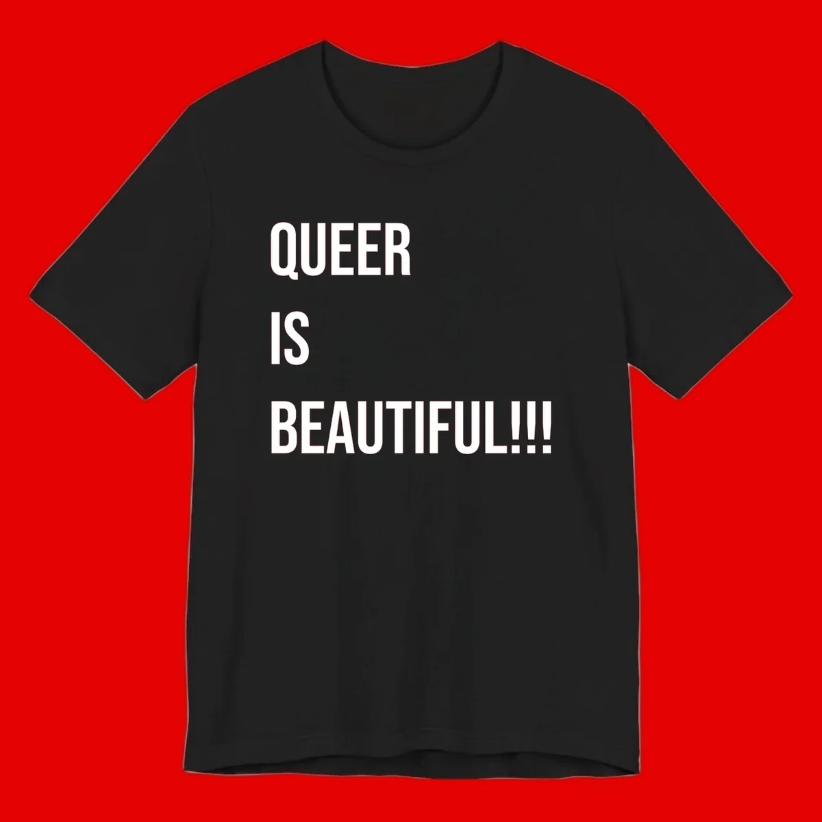 Bold white typography reading 'QUEER IS BEAUTIFUL!!!' on gray background, pride affirmation design