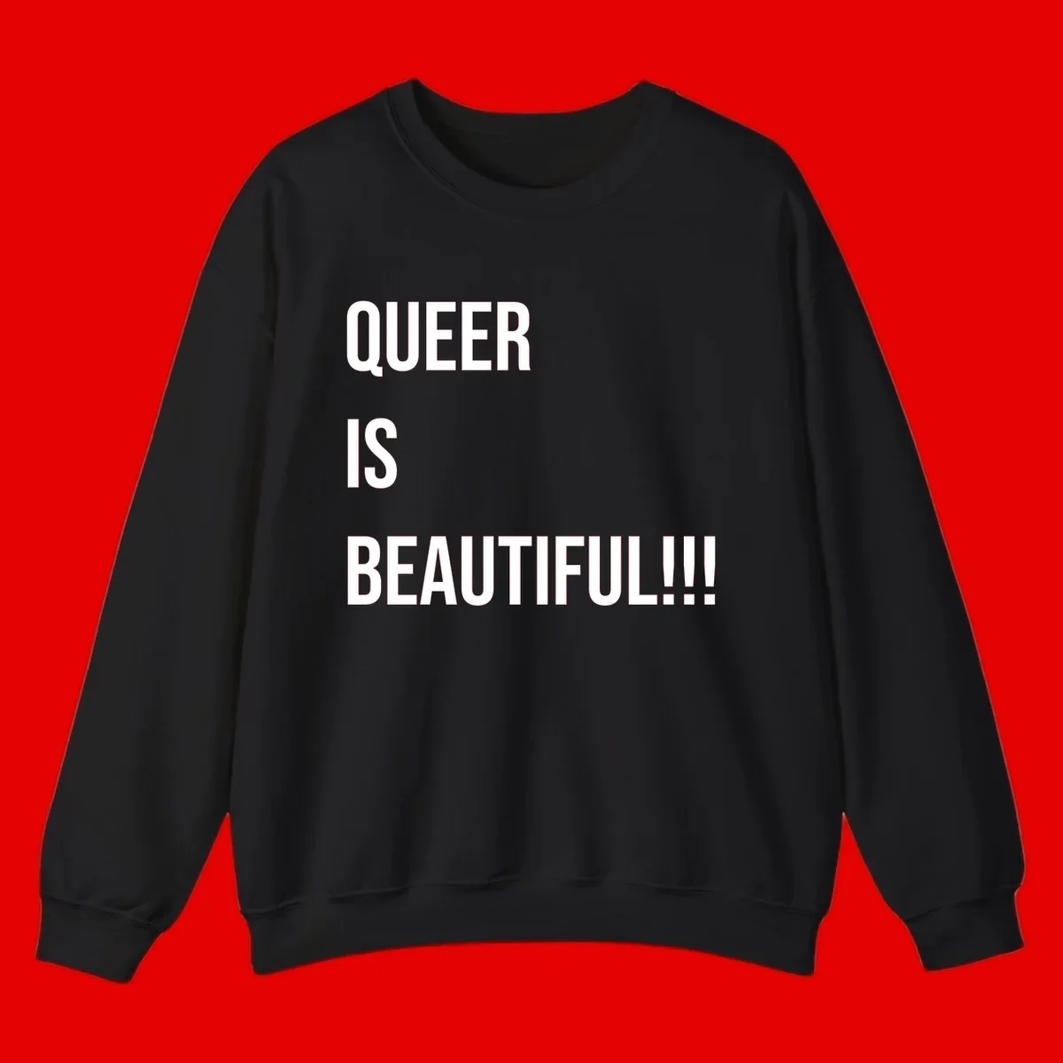 Bold white typography reading 'QUEER IS BEAUTIFUL!!!' on gray background, pride affirmation design