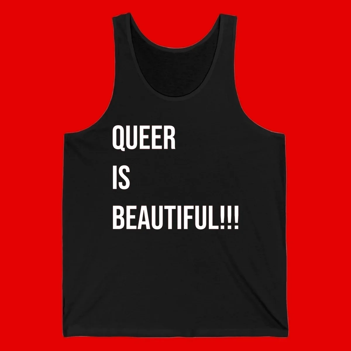 Bold white typography reading 'QUEER IS BEAUTIFUL!!!' on gray background, pride affirmation design