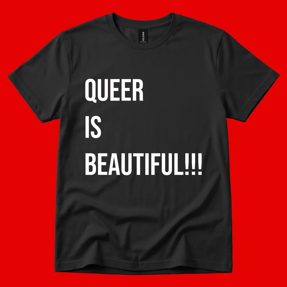 Bold white typography reading 'QUEER IS BEAUTIFUL!!!' on gray background, pride affirmation design
