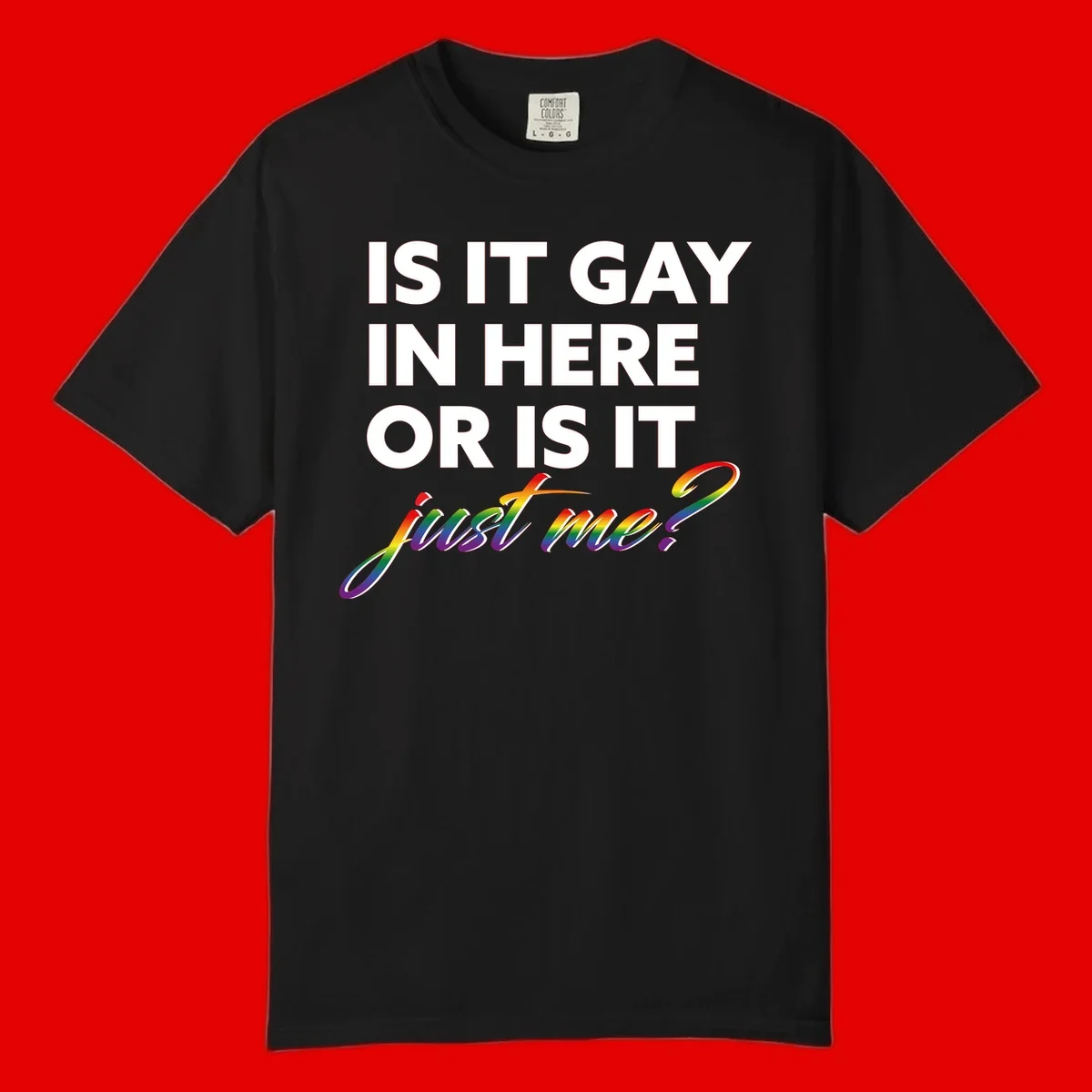 Bold white text reading "Is It Gay In Here Or Is It" with rainbow gradient lettering spelling "just me?" featuring pride flag colors on gray background