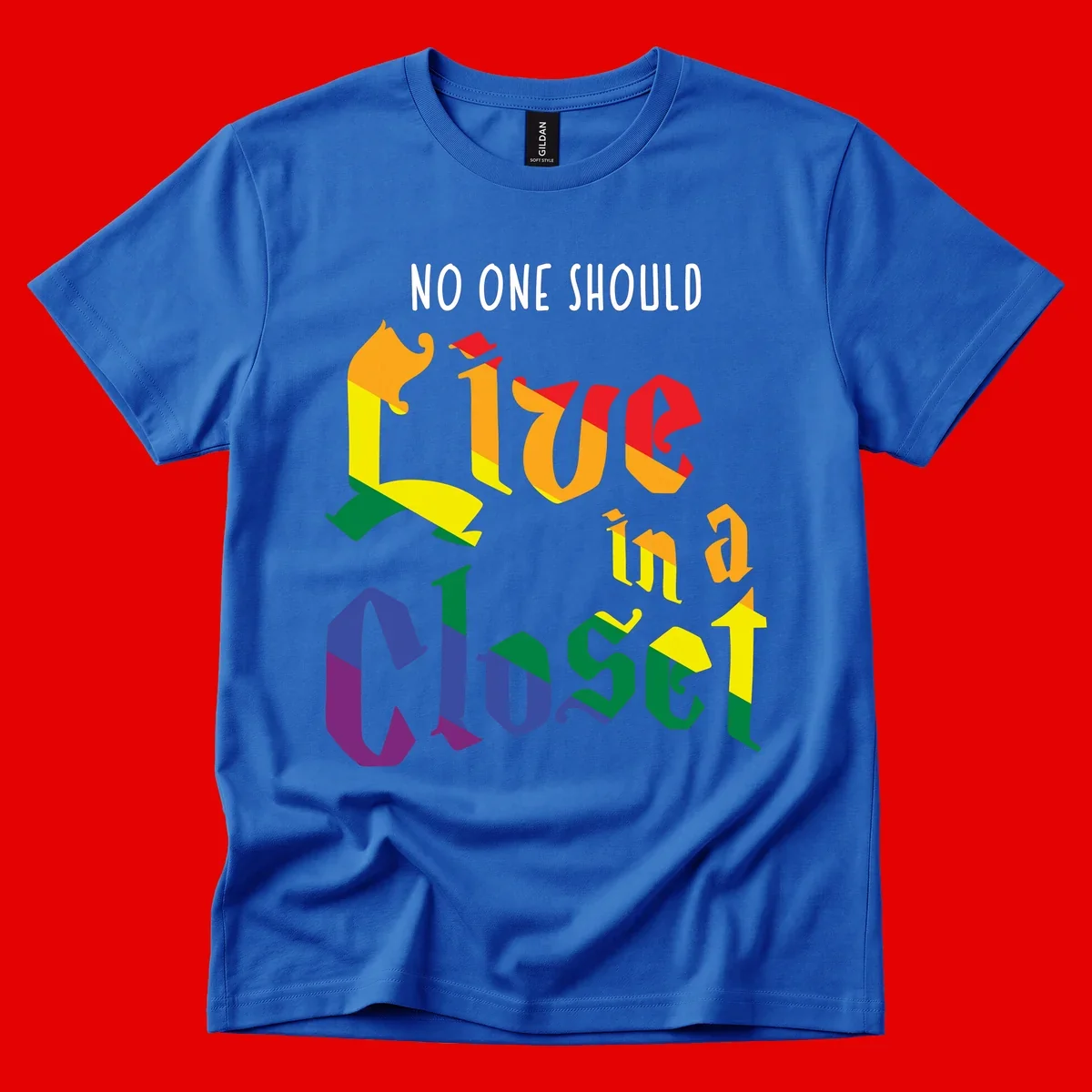 Colorful rainbow typography reading 'NO ONE SHOULD LIVE IN A CLOSET' with letters filled in pride flag colors