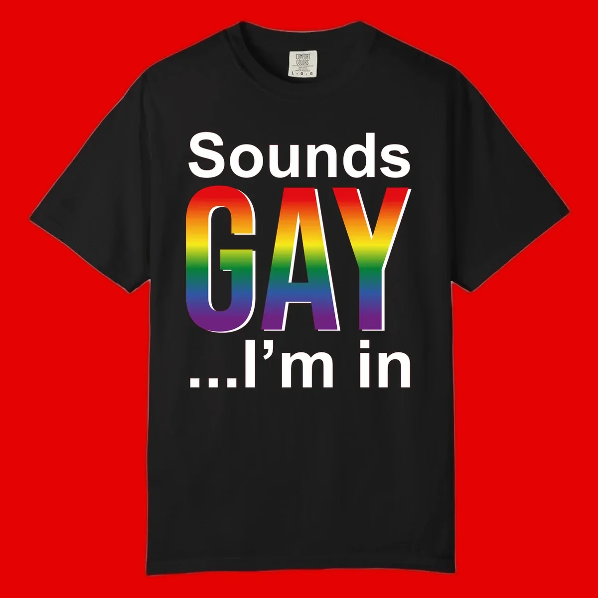 Sounds Gay I'm In design featuring large rainbow gradient letters spelling out the phrase against a gray background