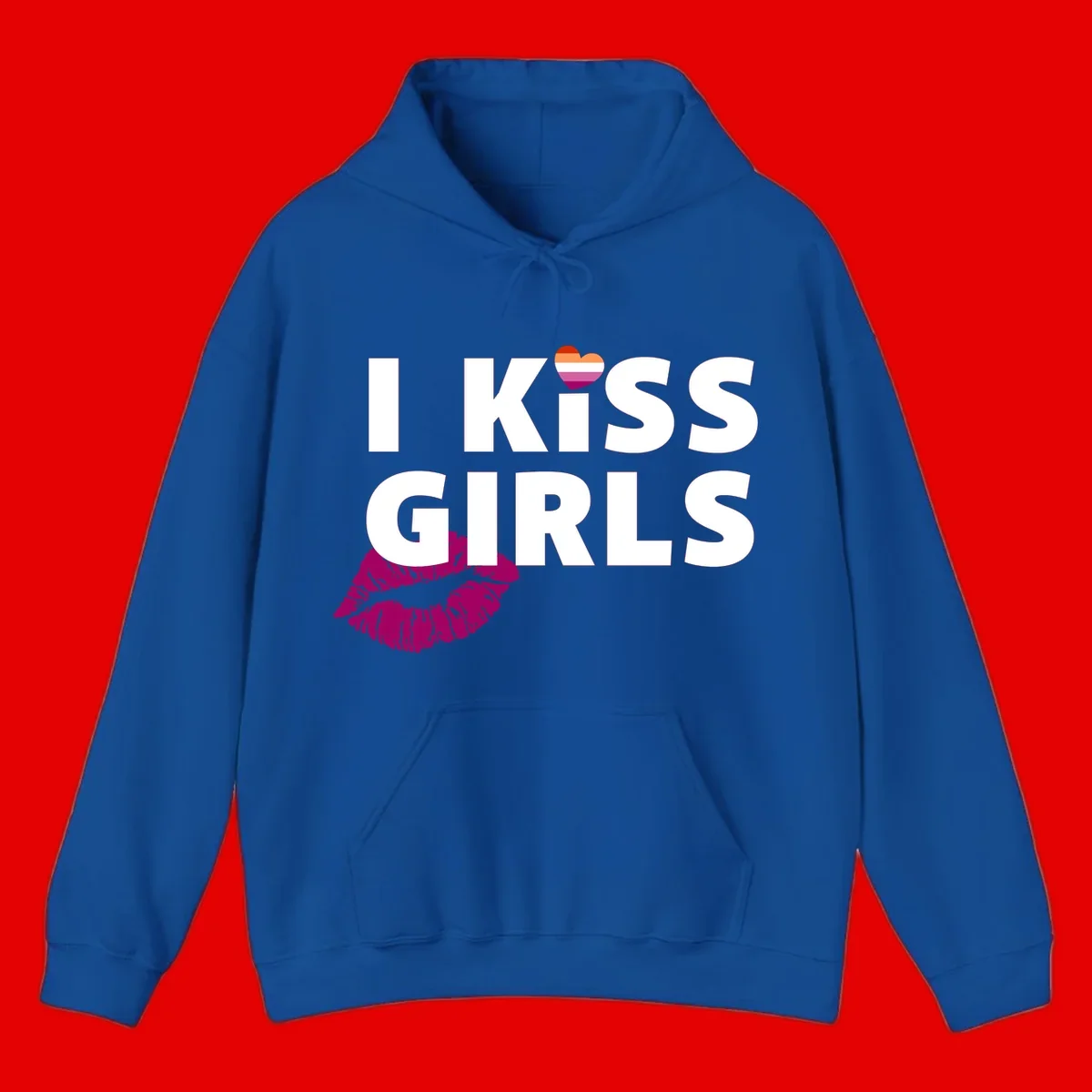 I Kiss Girls pride design with magenta lip print, rainbow heart, and bold white lettering celebrating lesbian identity