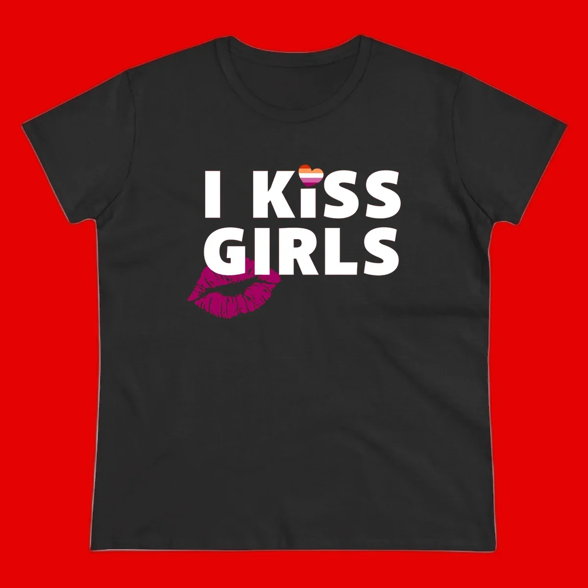 I Kiss Girls pride design with magenta lip print, rainbow heart, and bold white lettering celebrating lesbian identity