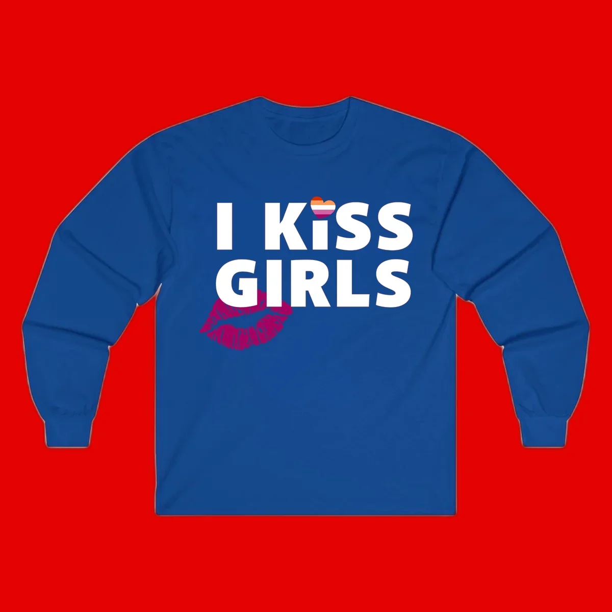 I Kiss Girls pride design with magenta lip print, rainbow heart, and bold white lettering celebrating lesbian identity