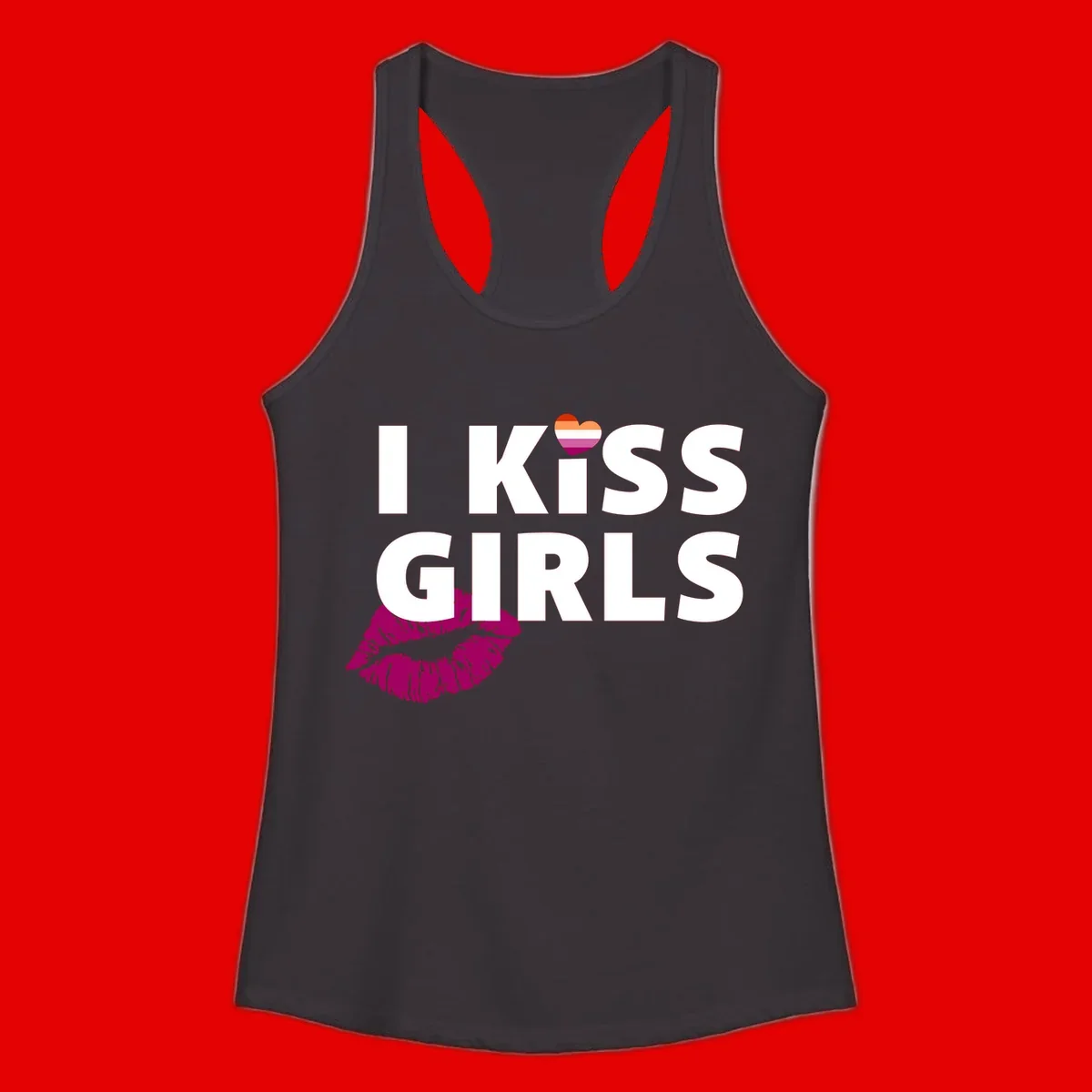 I Kiss Girls pride design with magenta lip print, rainbow heart, and bold white lettering celebrating lesbian identity