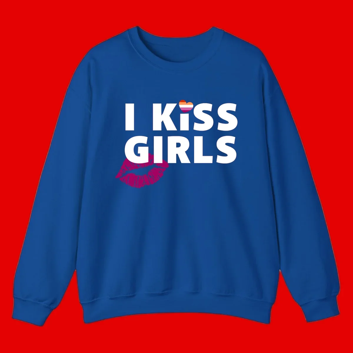 I Kiss Girls pride design with magenta lip print, rainbow heart, and bold white lettering celebrating lesbian identity
