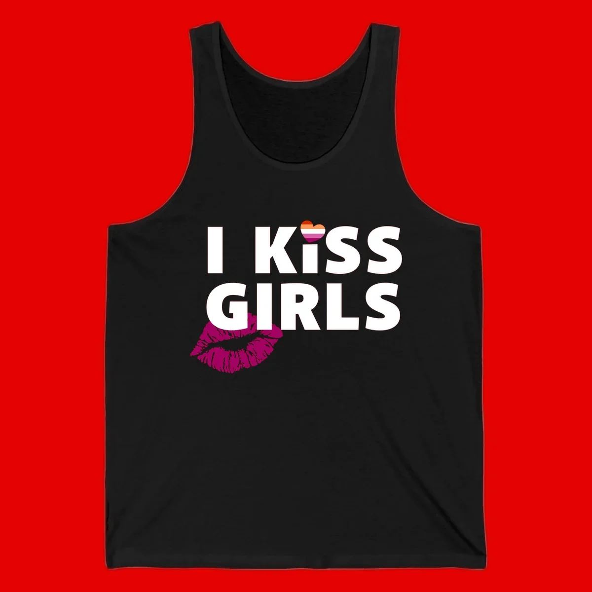 I Kiss Girls pride design with magenta lip print, rainbow heart, and bold white lettering celebrating lesbian identity