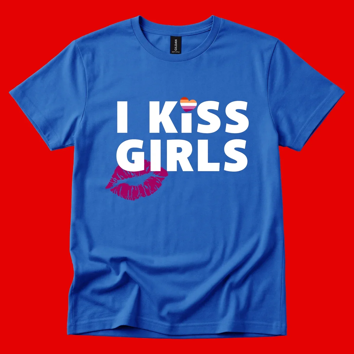 I Kiss Girls pride design with magenta lip print, rainbow heart, and bold white lettering celebrating lesbian identity