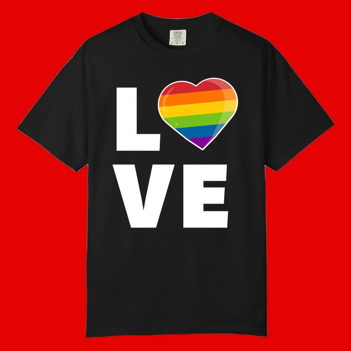 Love is love pride design featuring large white LOVE text with a rainbow-striped heart symbol