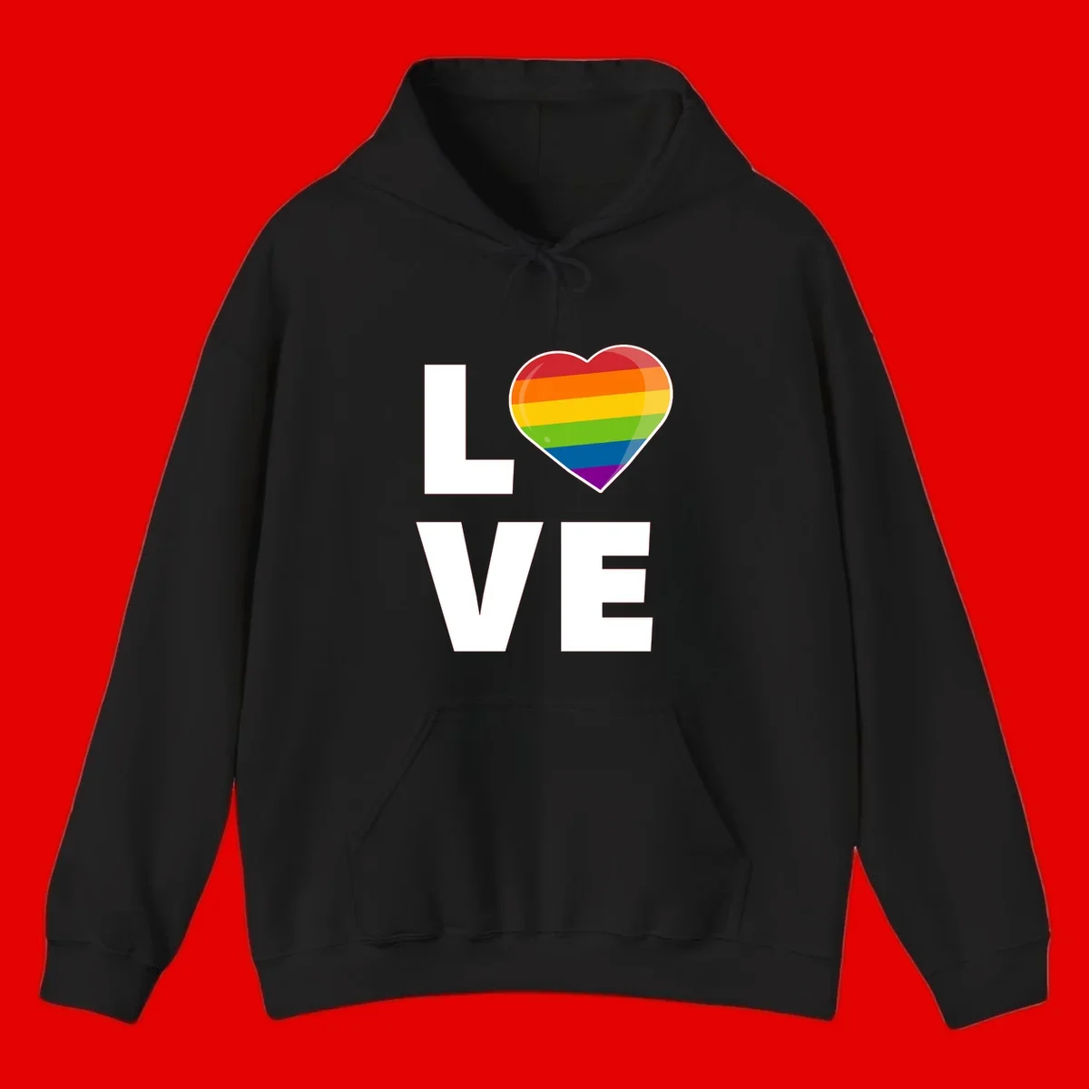 Love is love pride design featuring large white LOVE text with a rainbow-striped heart symbol