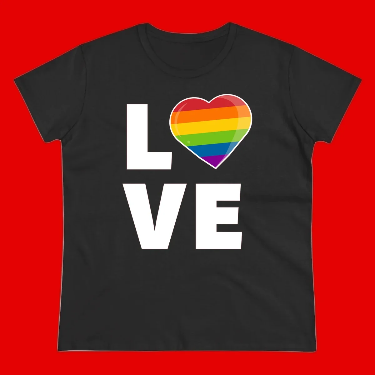 Love is love pride design featuring large white LOVE text with a rainbow-striped heart symbol