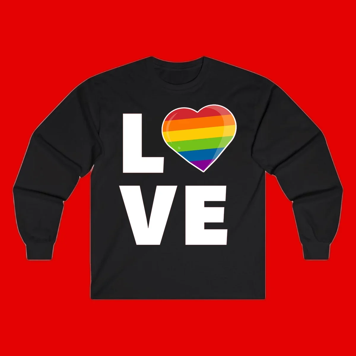 Love is love pride design featuring large white LOVE text with a rainbow-striped heart symbol