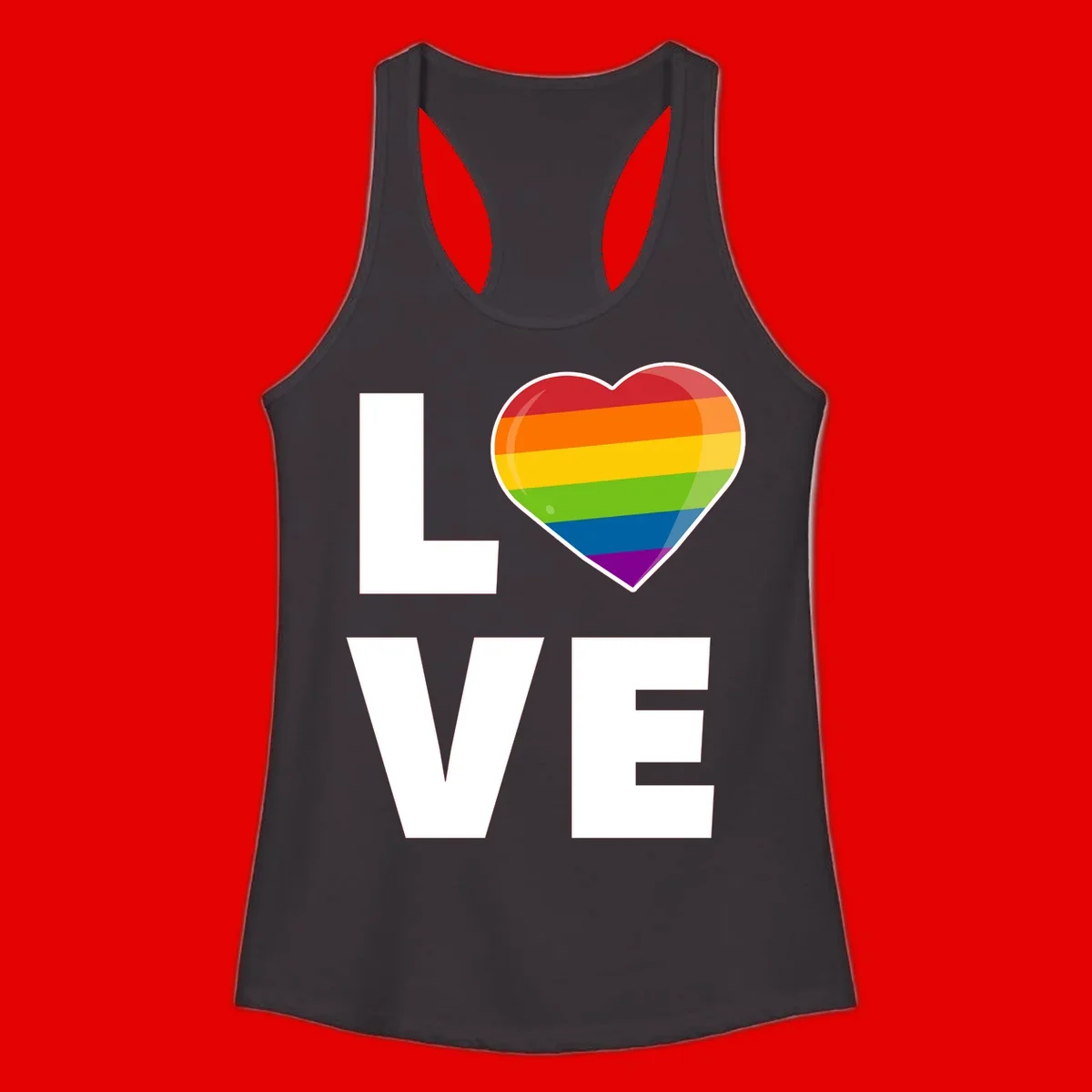 Love is love pride design featuring large white LOVE text with a rainbow-striped heart symbol