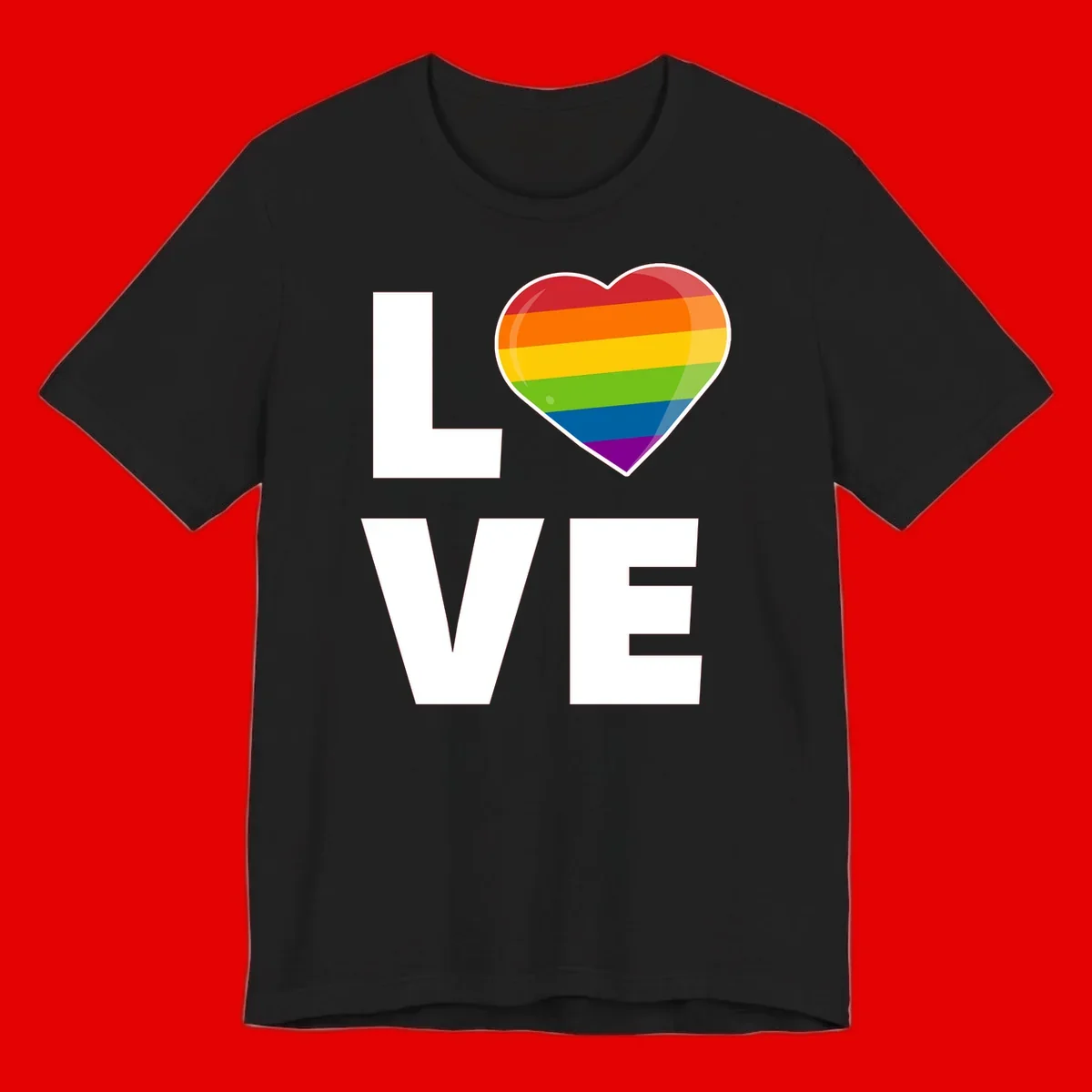 Love is love pride design featuring large white LOVE text with a rainbow-striped heart symbol