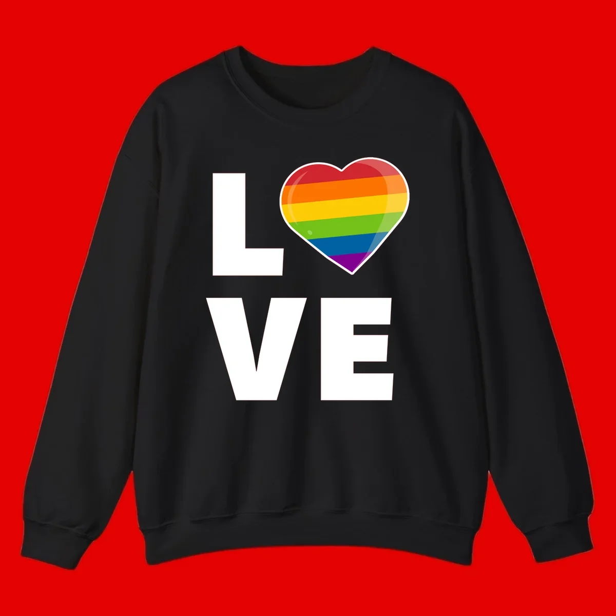 Love is love pride design featuring large white LOVE text with a rainbow-striped heart symbol