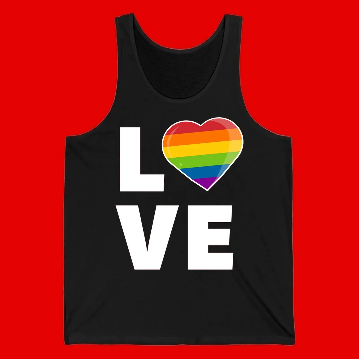 Love is love pride design featuring large white LOVE text with a rainbow-striped heart symbol