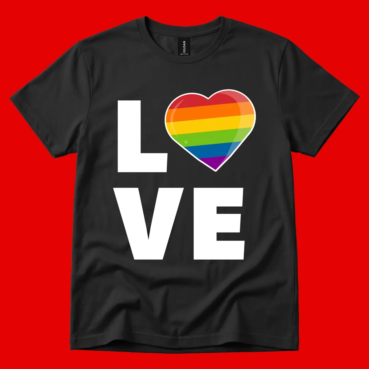 Love is love pride design featuring large white LOVE text with a rainbow-striped heart symbol