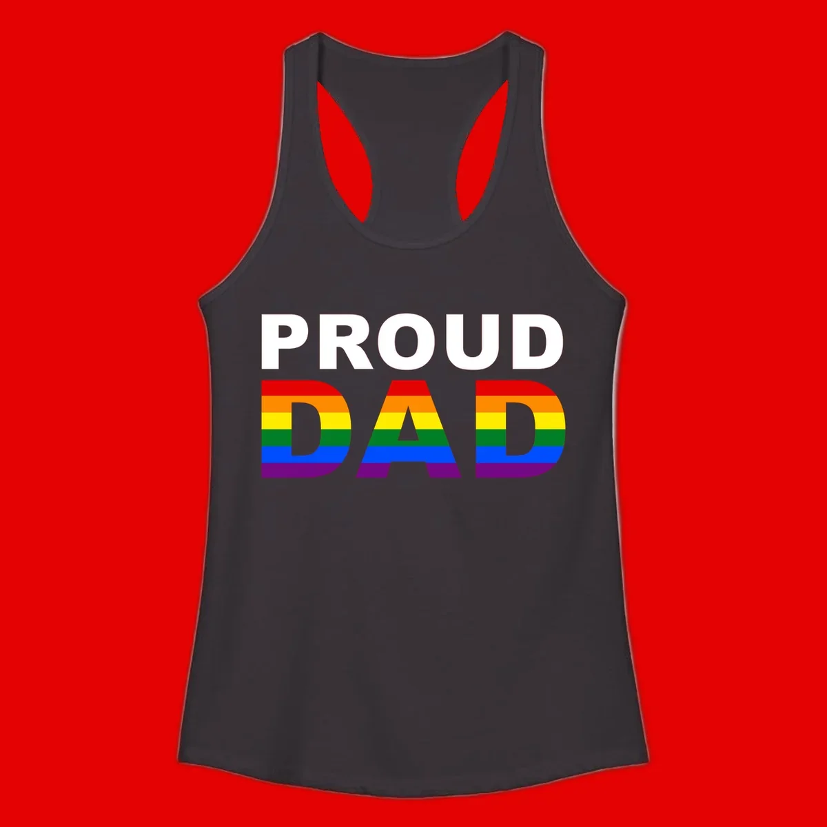 Proud Dad text with rainbow pride flag stripes in red, orange, yellow, green, blue, and purple colors