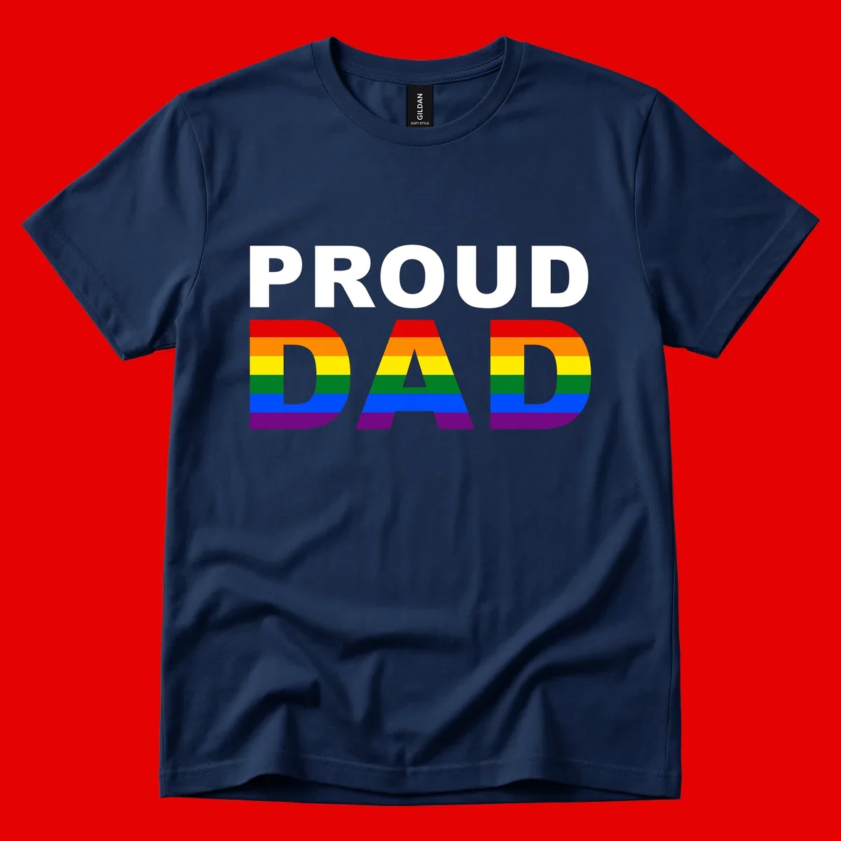 Proud Dad text with rainbow pride flag stripes in red, orange, yellow, green, blue, and purple colors