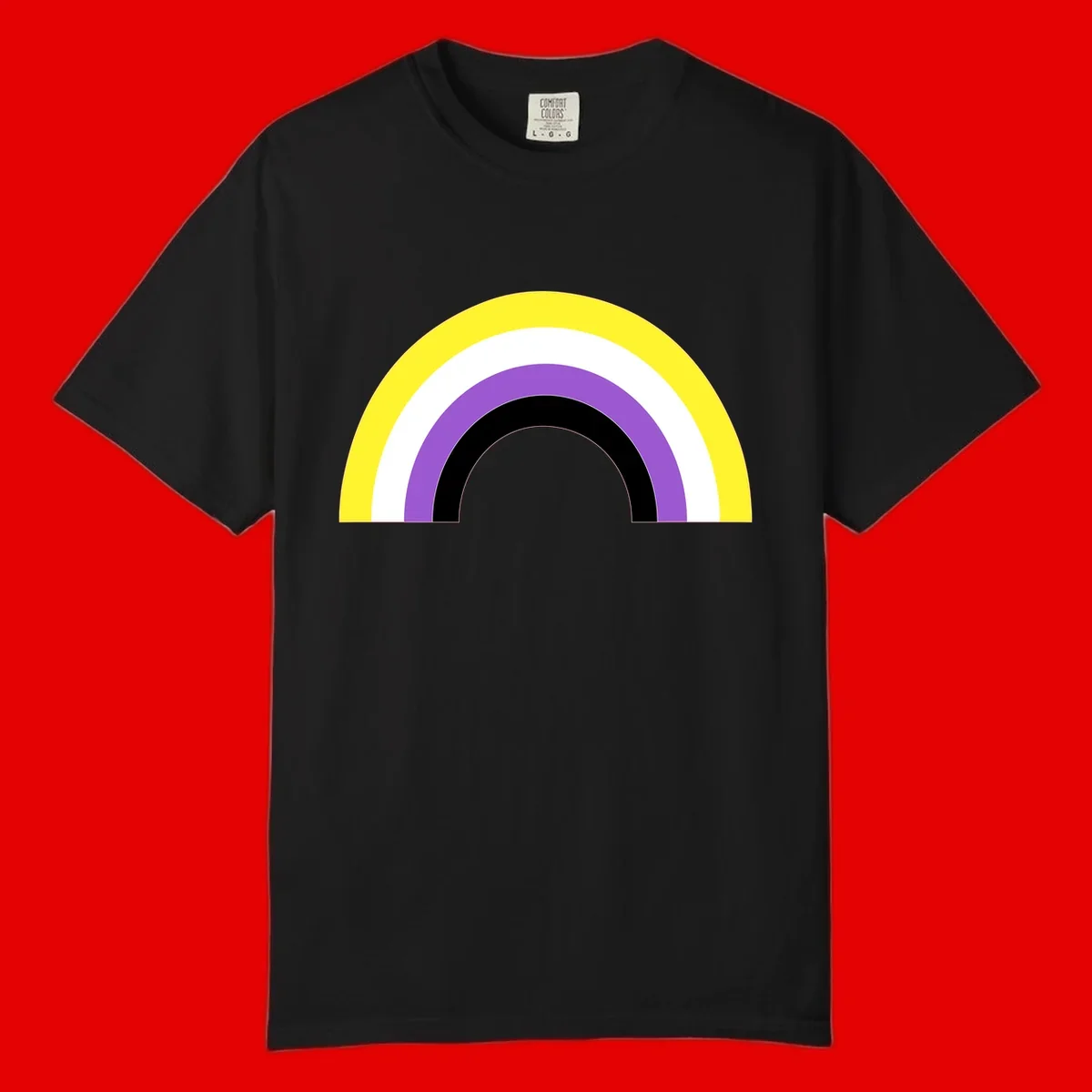Concentric pride rainbow design with five nested semicircular arcs in yellow, white, purple, black, and gray bands.