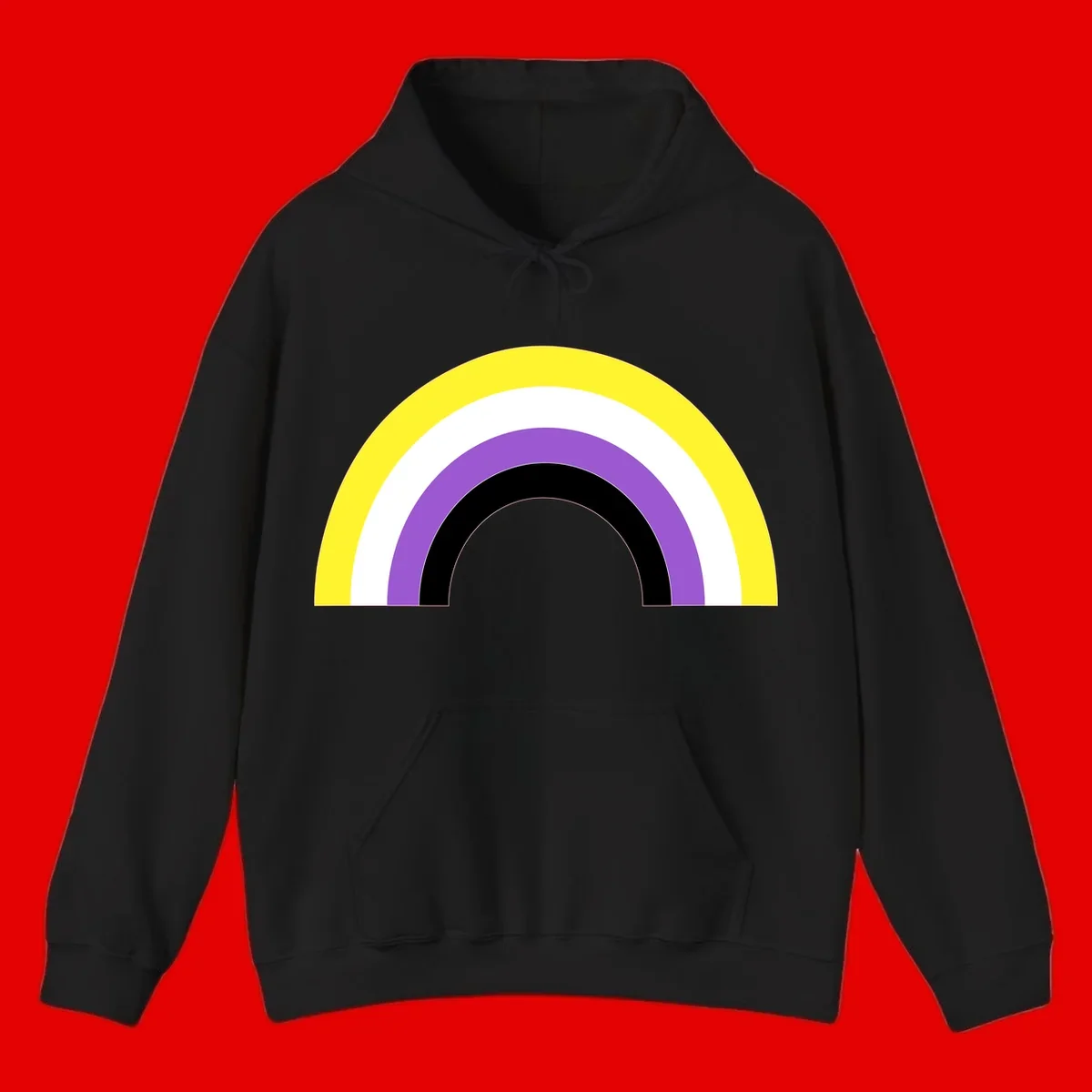Concentric pride rainbow design with five nested semicircular arcs in yellow, white, purple, black, and gray bands.