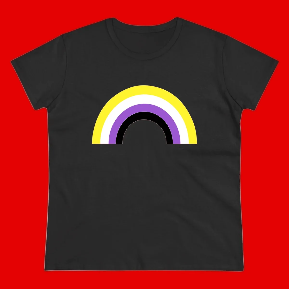 Concentric pride rainbow design with five nested semicircular arcs in yellow, white, purple, black, and gray bands.