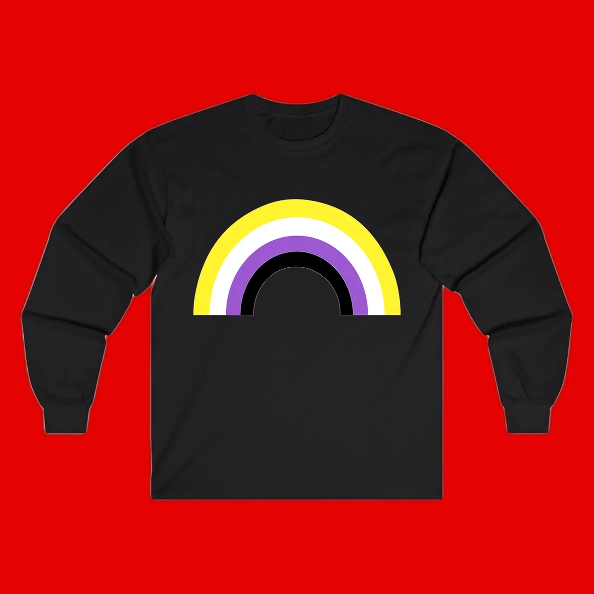 Concentric pride rainbow design with five nested semicircular arcs in yellow, white, purple, black, and gray bands.